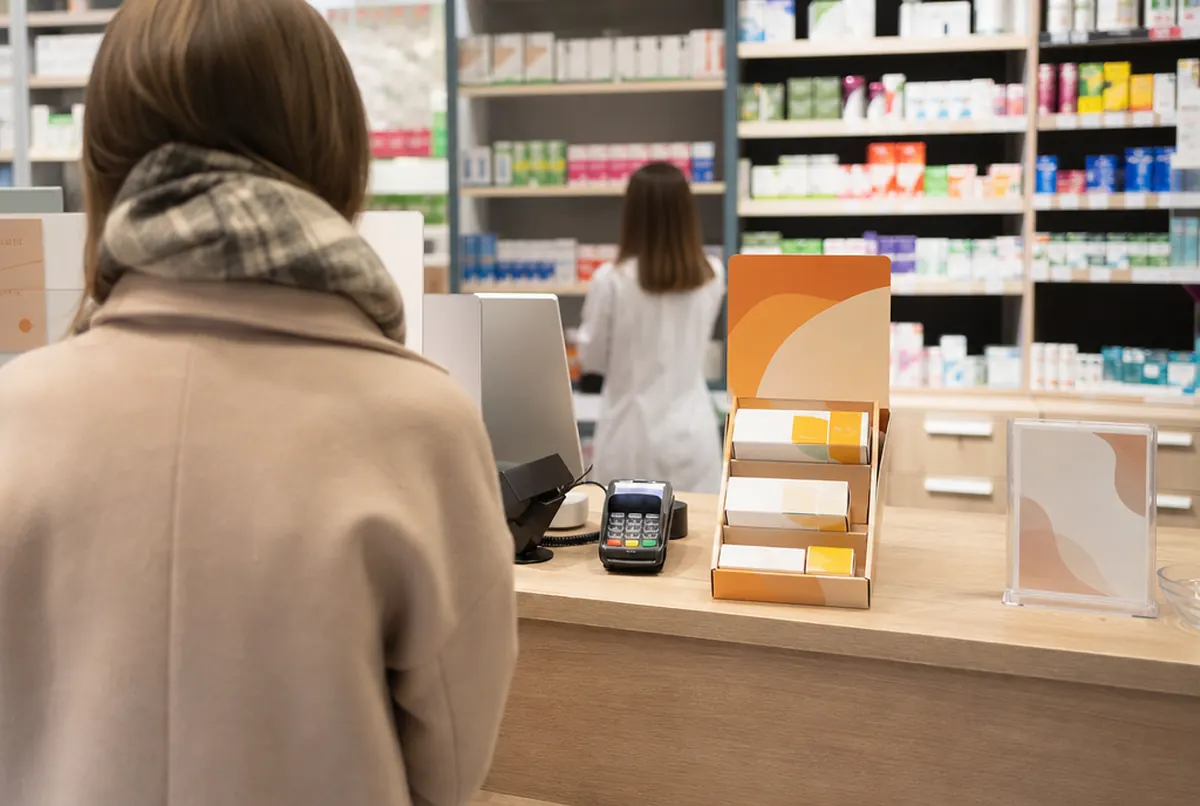 Présentoir de comptoir en carton à compartiments près de la caisse d'une pharmacie
