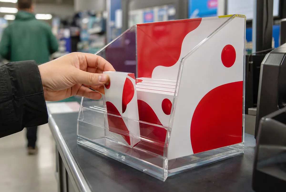 Gros plan d'un présentoir en plexi : bord plié, collage transparent et impression UV sur blanc