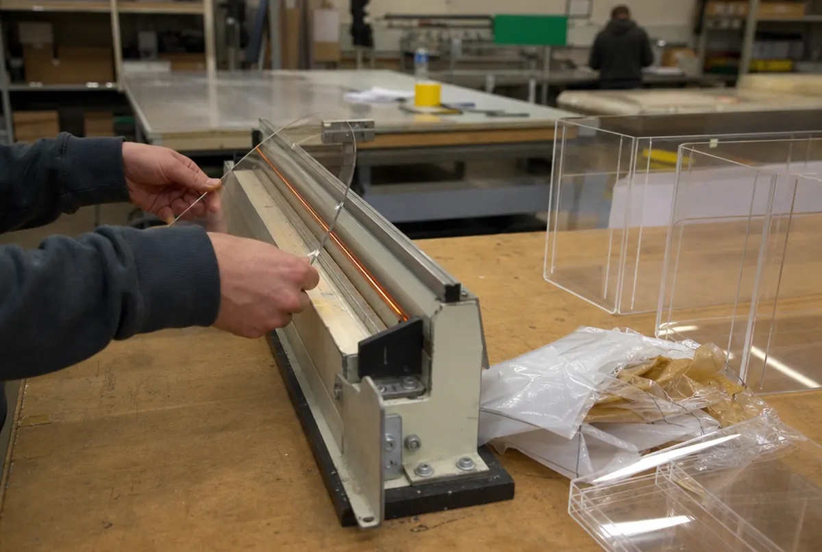 Pliage de plexi chauffé sur une plieuse pour fabriquer des présentoirs de comptoir