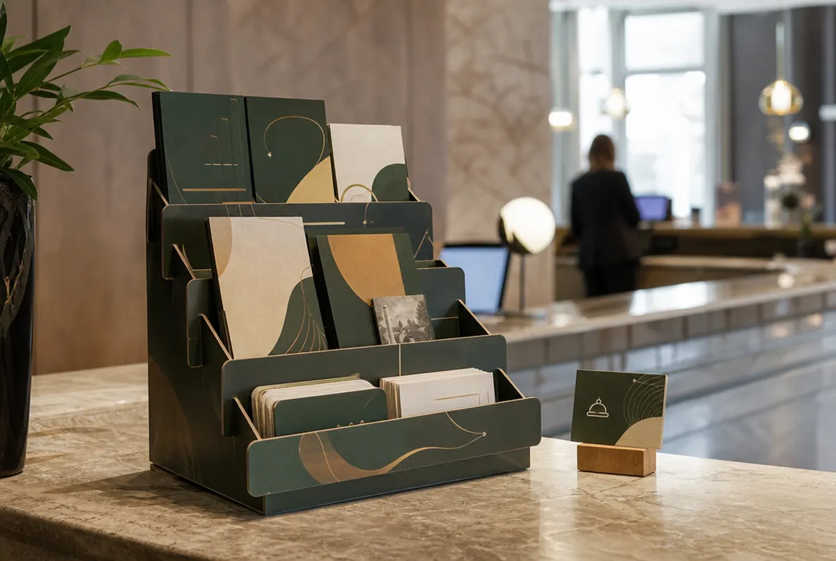 Présentoir de comptoir avec dépliants et cartes cadeaux à la réception d'un hôtel