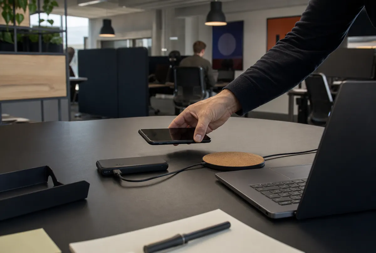 An engraved powerbank charging a phone and a wireless charger on a desk