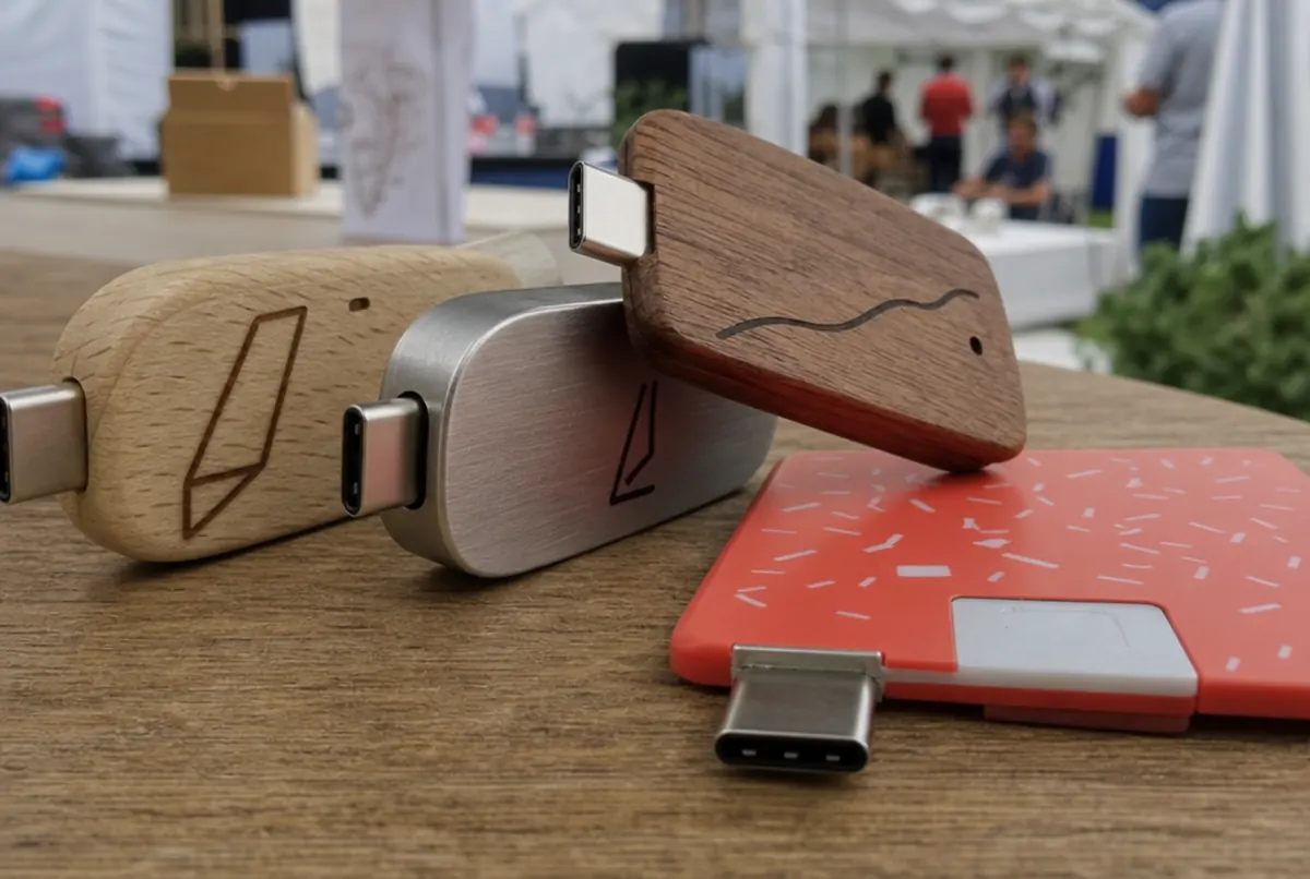Close-up of USB drives in wooden, metal and card-shaped housings