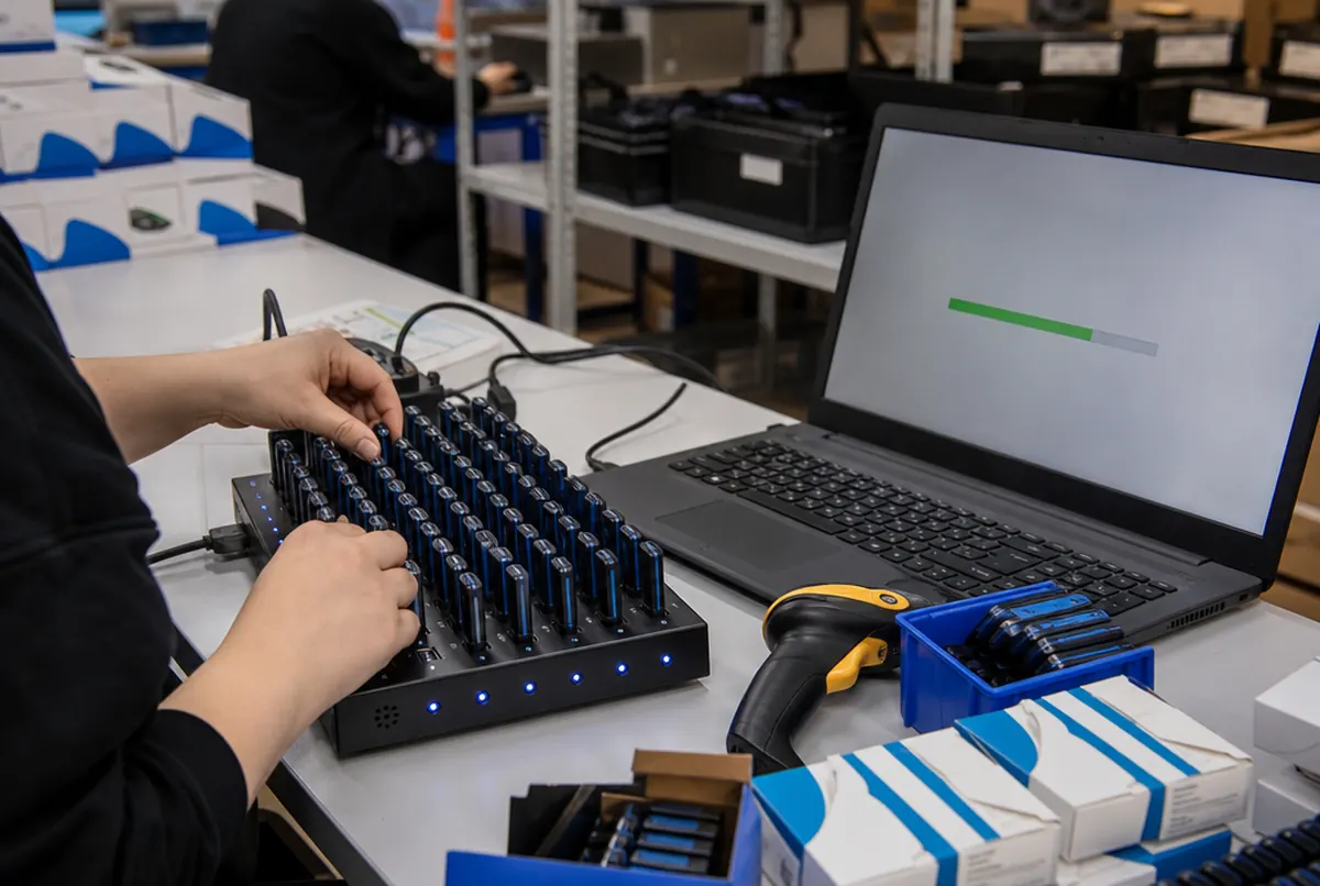 Loading files onto a batch of branded USB drives with a multi-port duplicator