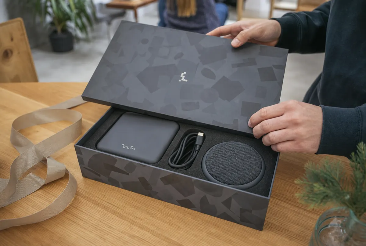 Printed gift box with a powerbank, cable and speaker in a foam insert