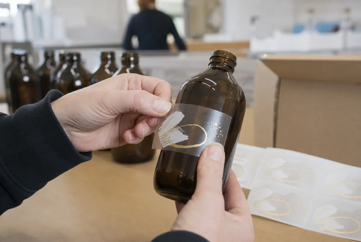 Nahaufnahme: ein transparentes Folienetikett wird auf eine Kosmetikflasche geklebt