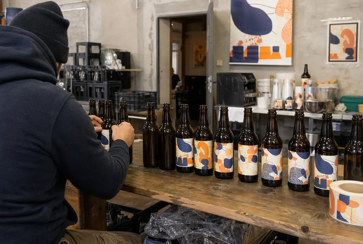Craft-Bier-Flaschen mit Papieretiketten, von Hand etikettiert in einer kleinen Brauerei