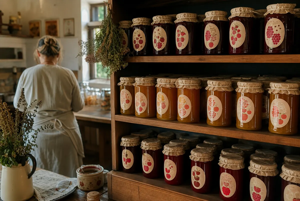 Jam and honey jars with oval self-adhesive labels on a shelf in a small manufactory