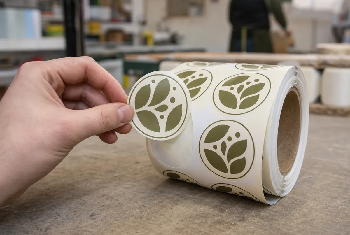 Hand peeling a round label off a roll, with the gaps between labels on the liner