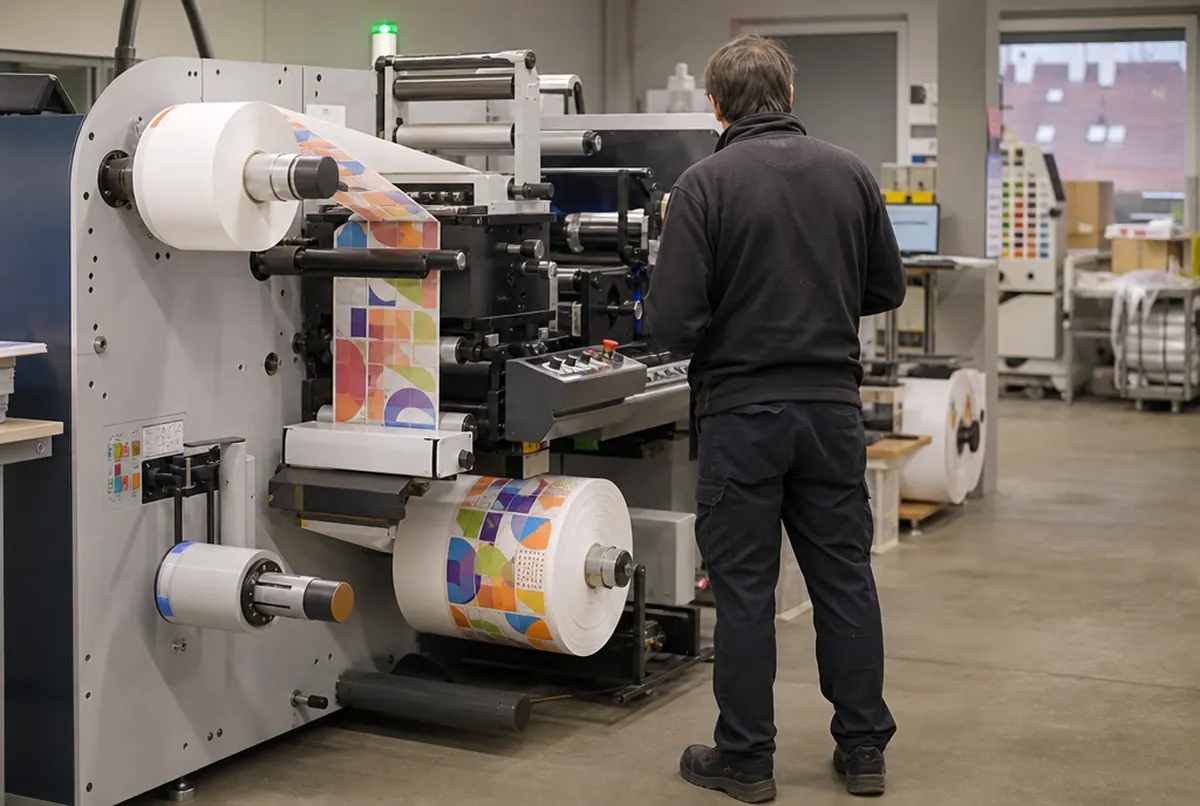 Label printing and die-cutting line, a worker checking a freshly rewound roll