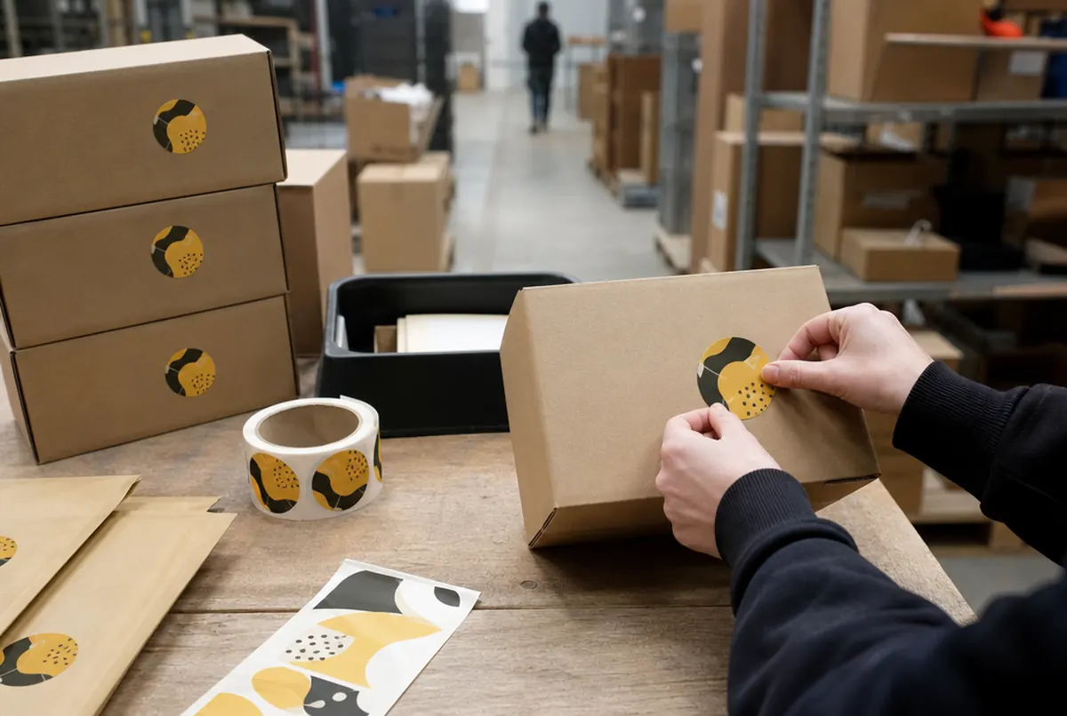 Hands sealing a shipping box with a round mustard label at a packing station