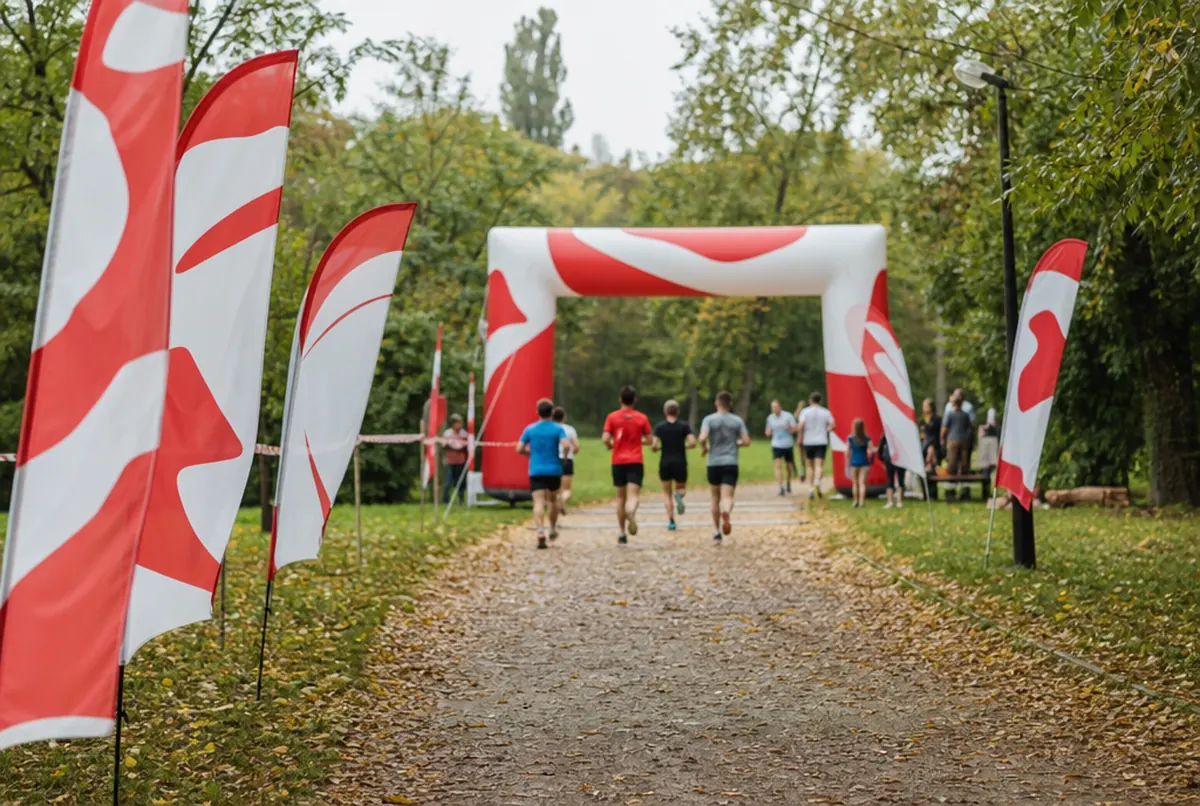 Segelförmige Beachflags an der Start- und Ziellinie eines Crosslaufs
