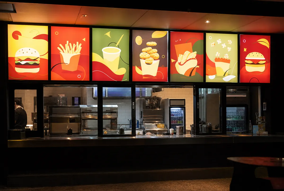 Illuminated menu lightboxes with saturated backlit film above a snack bar counter
