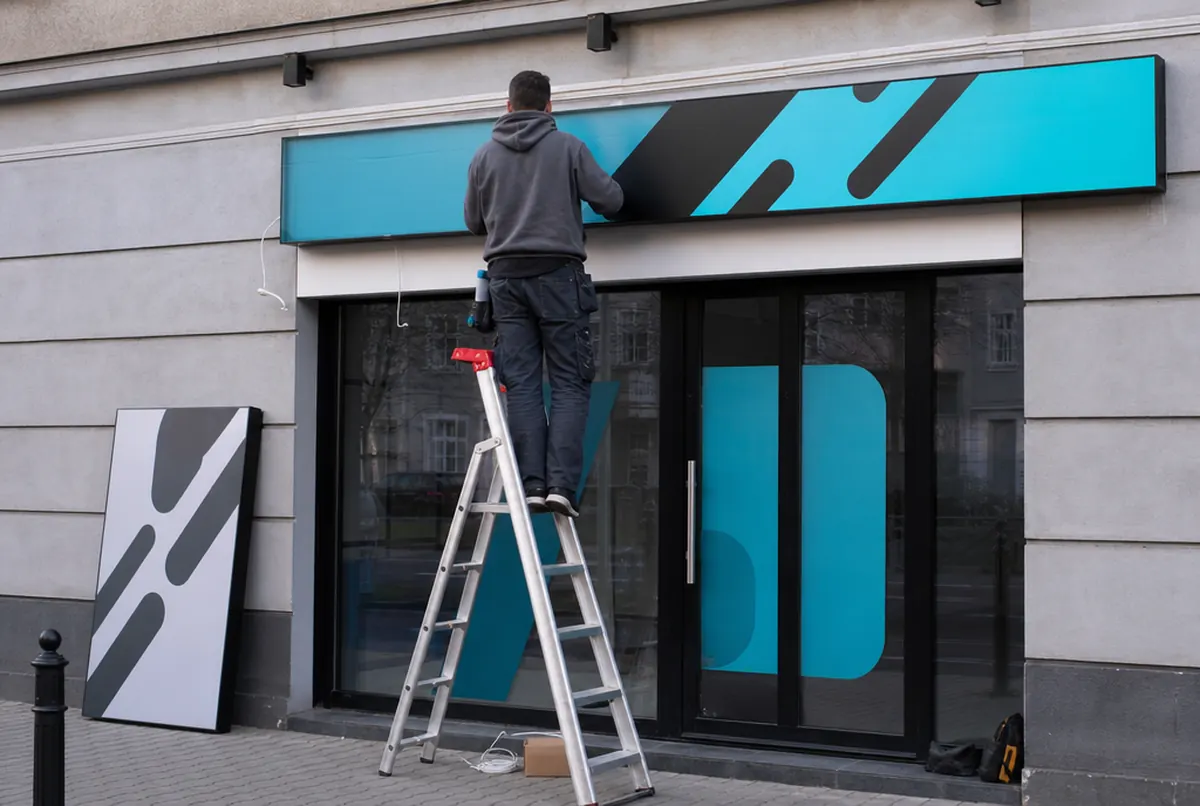 Installer on a ladder replacing an existing lightbox face with a new backlit-film face