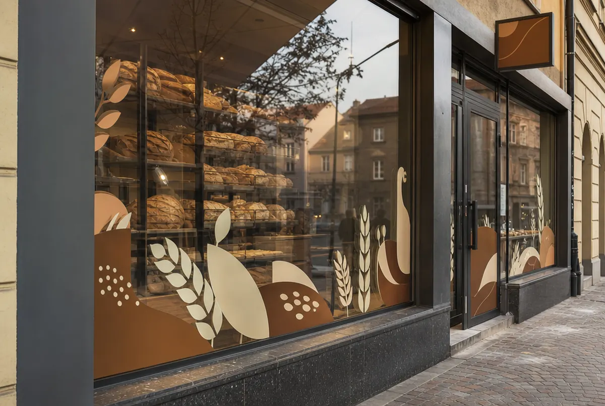 Bäckereischaufenster mit braun-cremefarbener Klebefolie im Morgenlicht