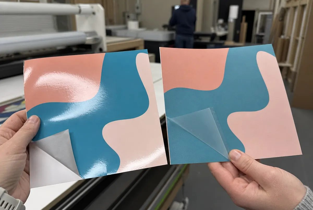 Hände halten glänzende und matte Folienmuster mit gleichem Druck