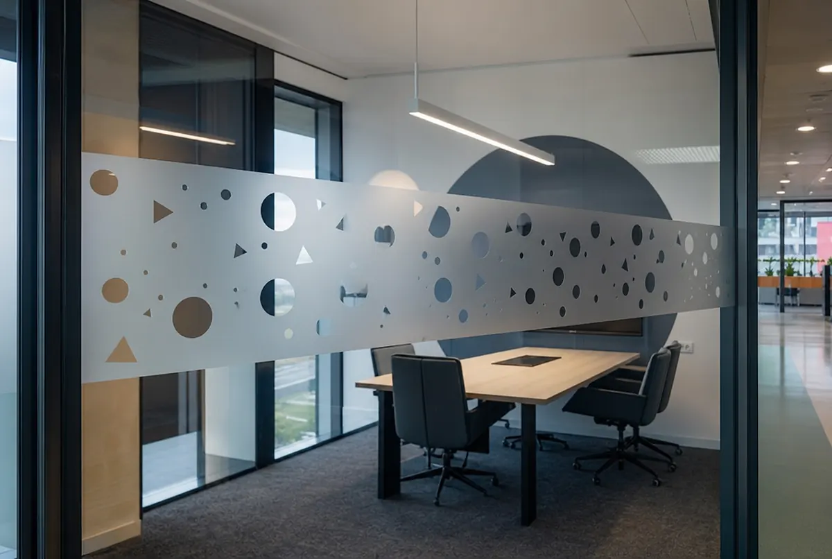 Glass meeting room with a frosted band featuring a cut geometric pattern
