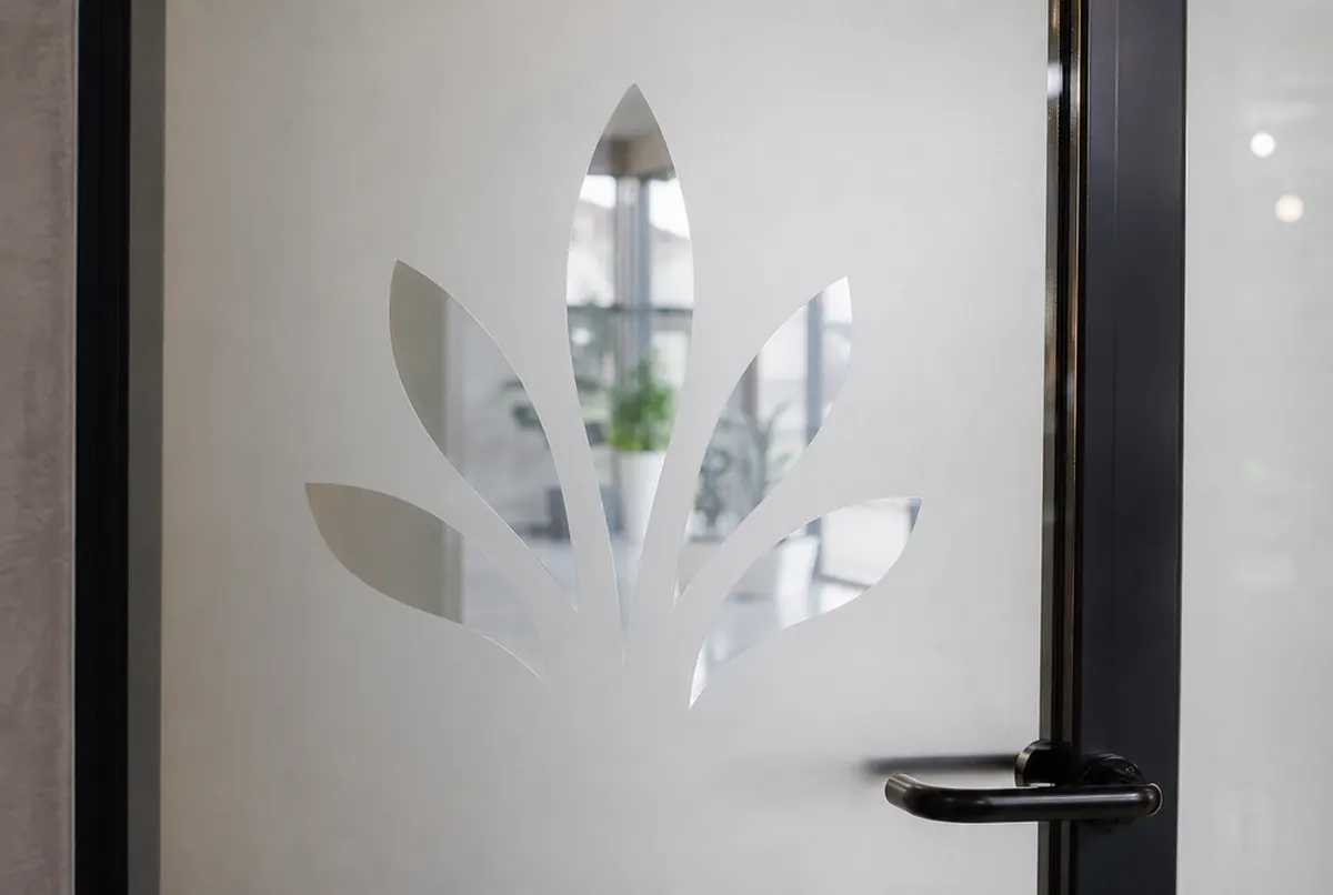 Frosted film on a glass door with a cut leaf ornament showing clear glass