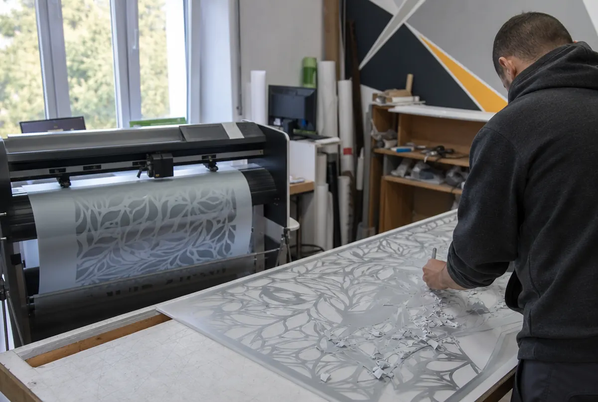 Plotter cutting a pattern into frosted film while a worker weeds a finished panel