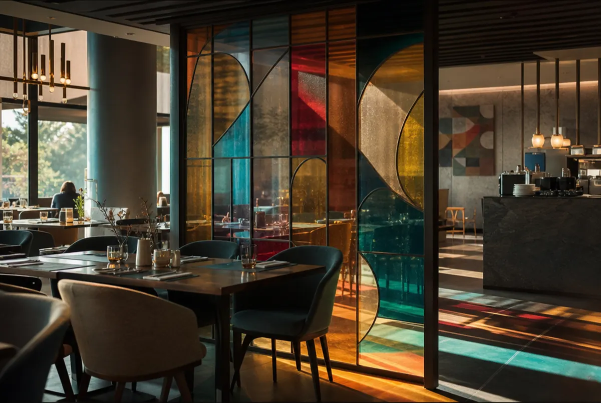 Glass partition in a hotel restaurant with colourful transparent film, stained-glass effect