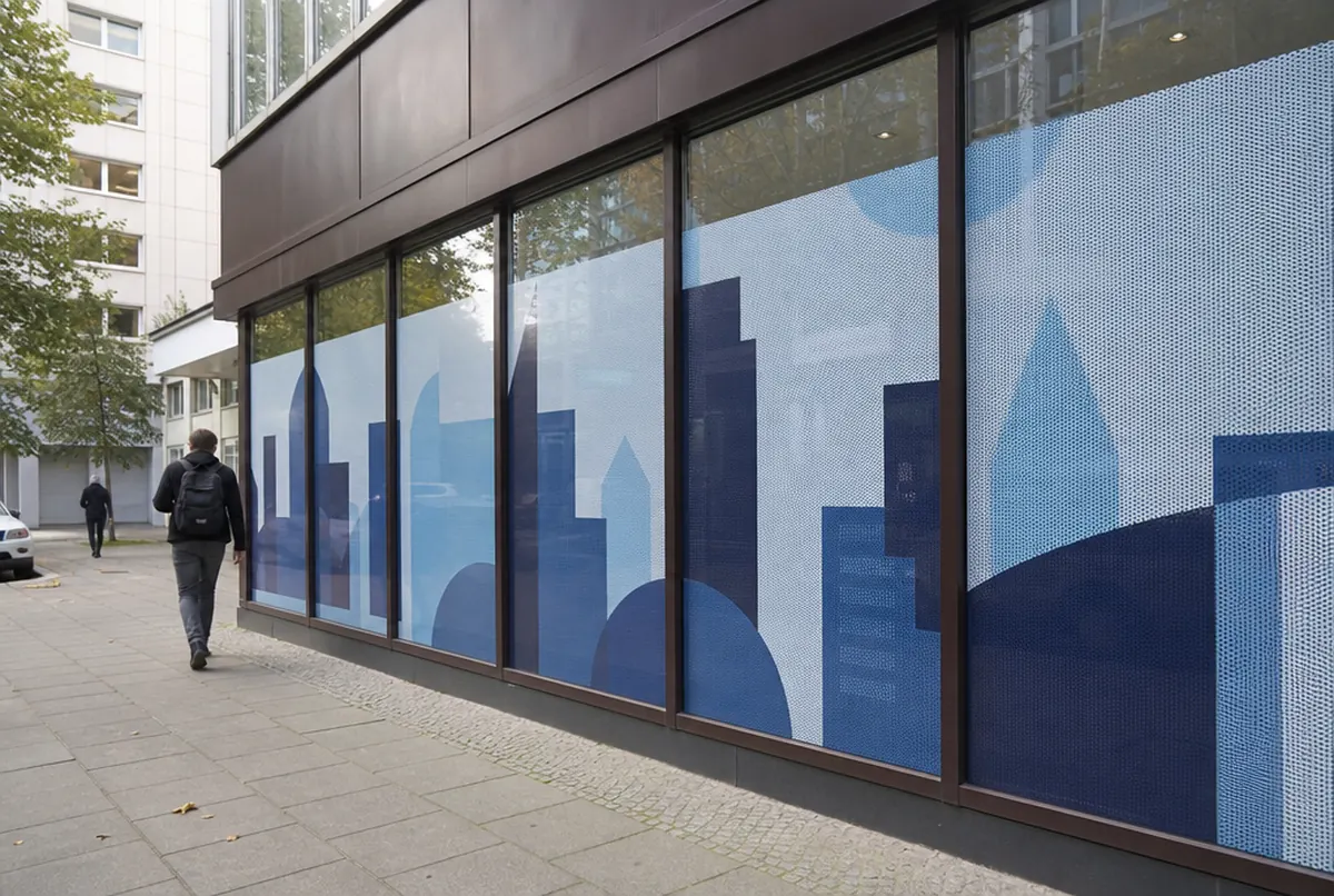 Ground-floor office windows covered with navy printed One Way Vision film