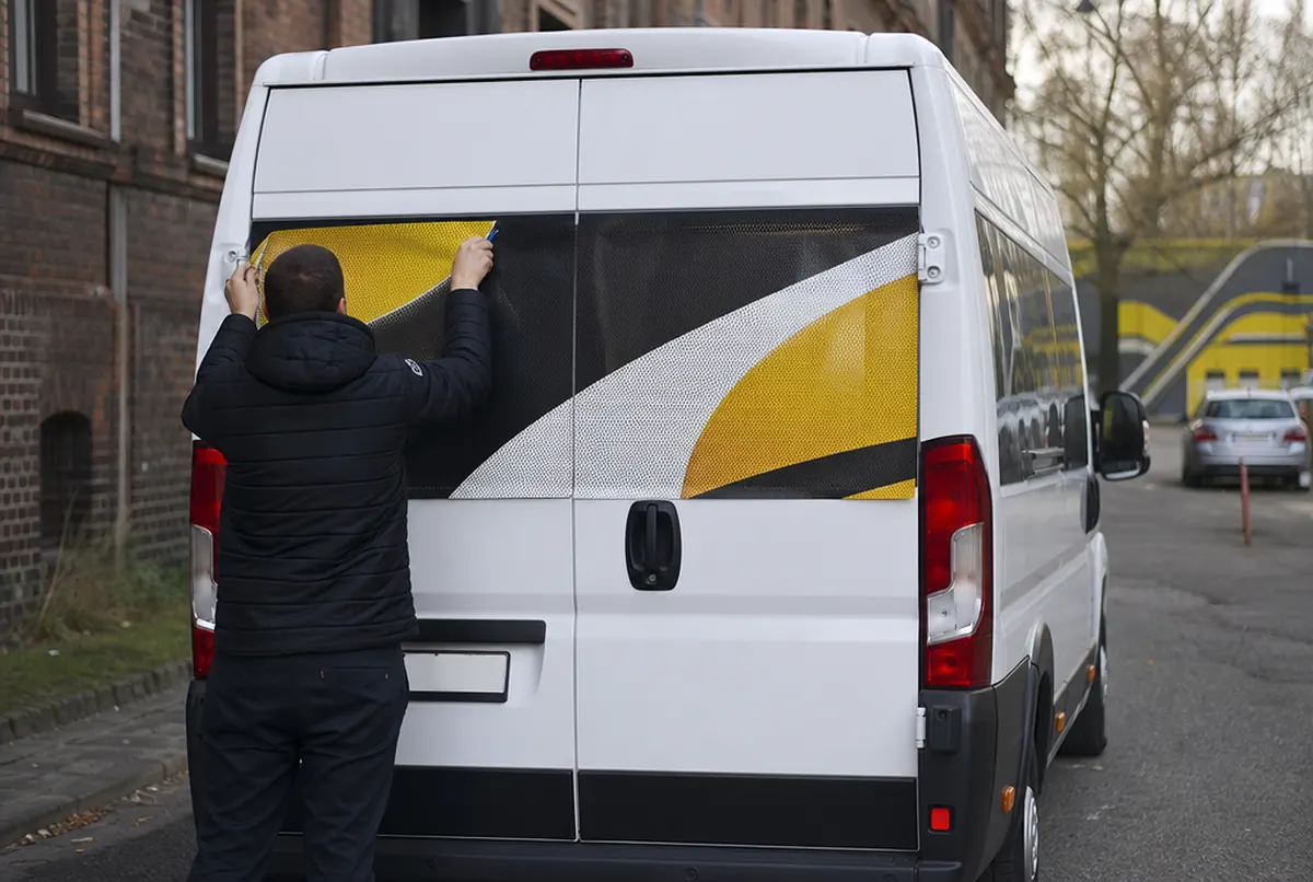 Installer trimming perforated film on the rear window of a minibus