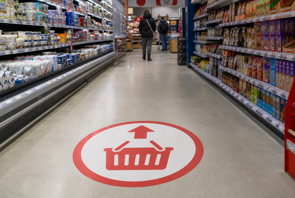 Round floor sticker with an arrow and basket pictogram in a supermarket aisle
