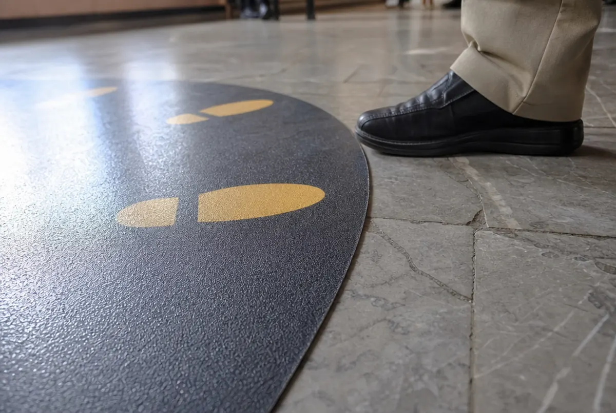Edge of a floor graphic with textured R10 anti-slip laminate on tiles
