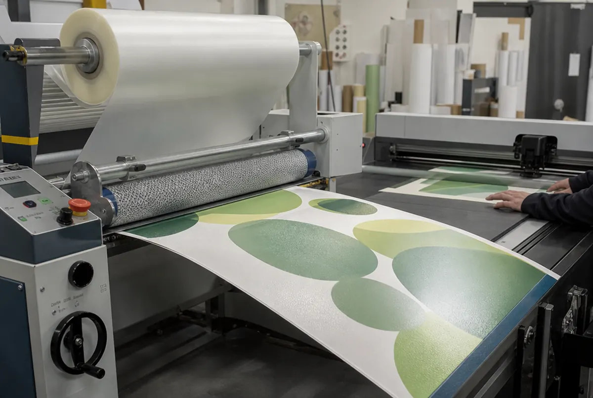Laminator applying anti-slip film to printed floor vinyl with green circles