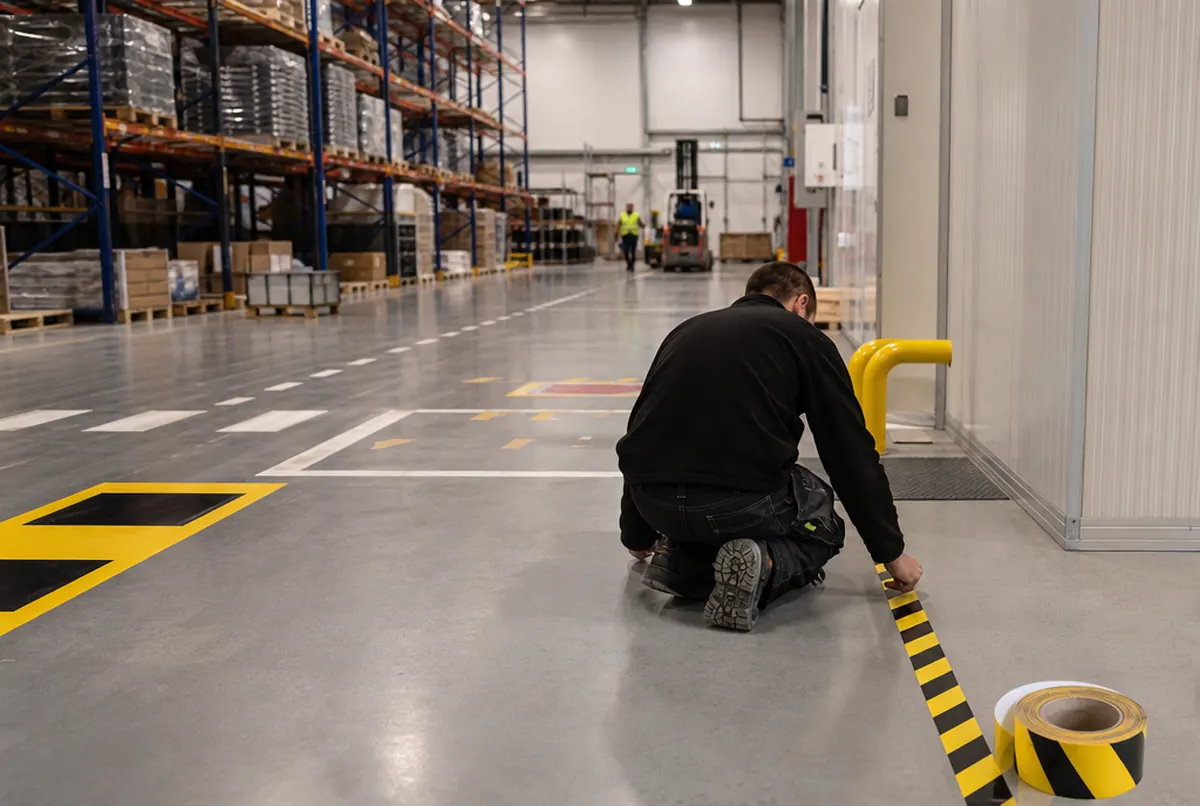 Installer applying zone markings on a resin floor in a warehouse, racks behind