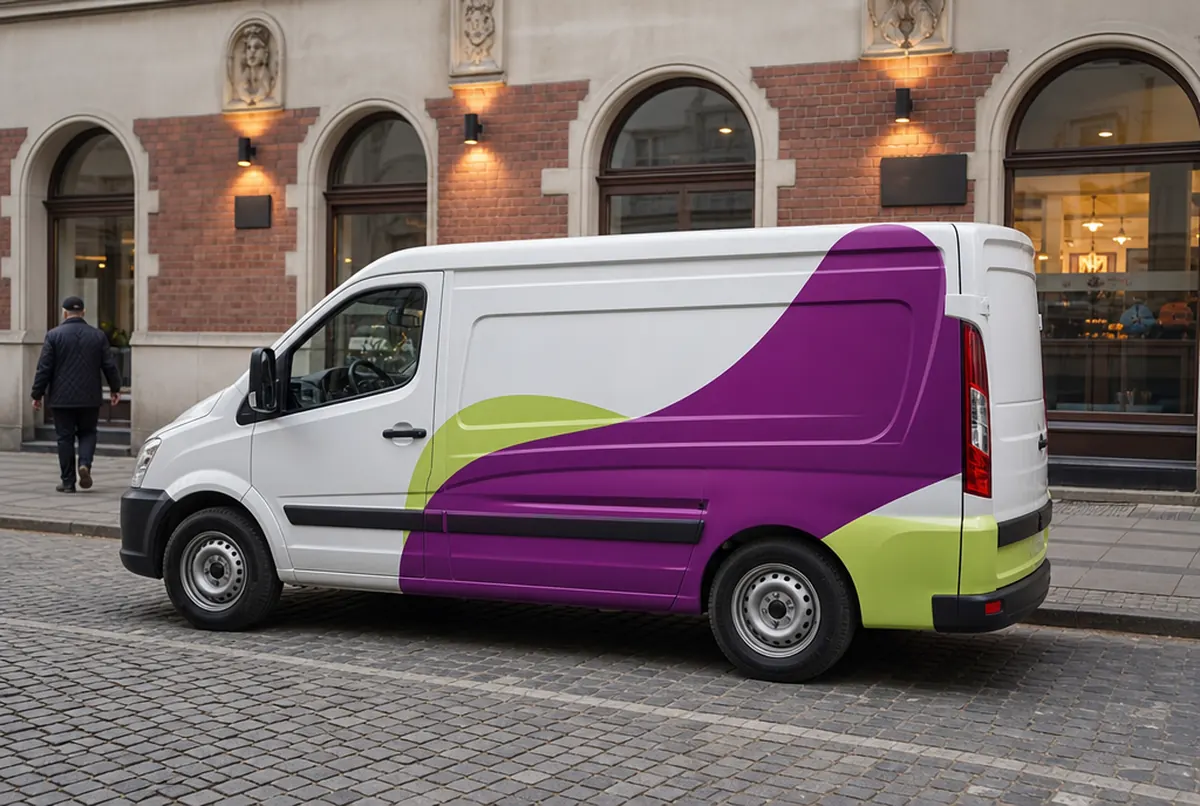 White van with plum and lime cast vinyl following the body panel contours