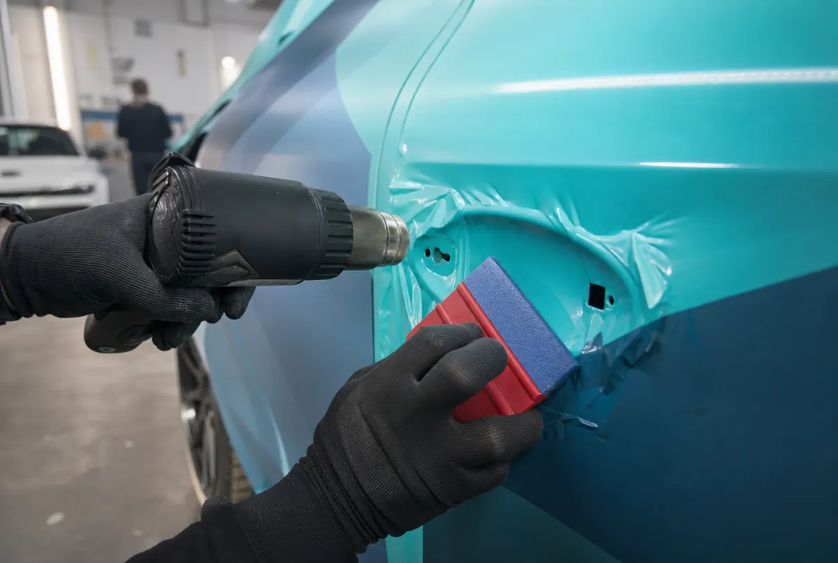 Gloved hands heating and pressing cast vinyl into the recess around a door handle