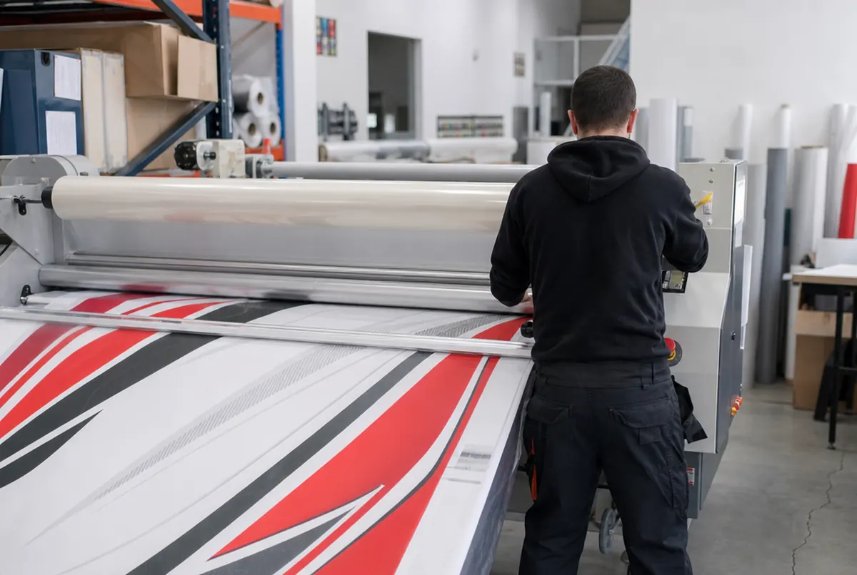Laminator applying protective film to printed cast vinyl for a vehicle wrap
