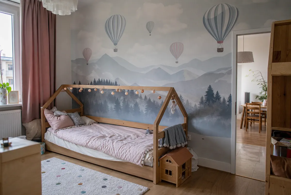 Fotomural de montañas y globos en la pared de un dormitorio infantil