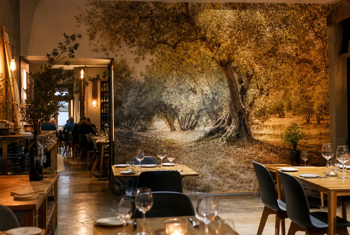 Fotomural de un olivar en tonos cálidos en toda la pared de un restaurante