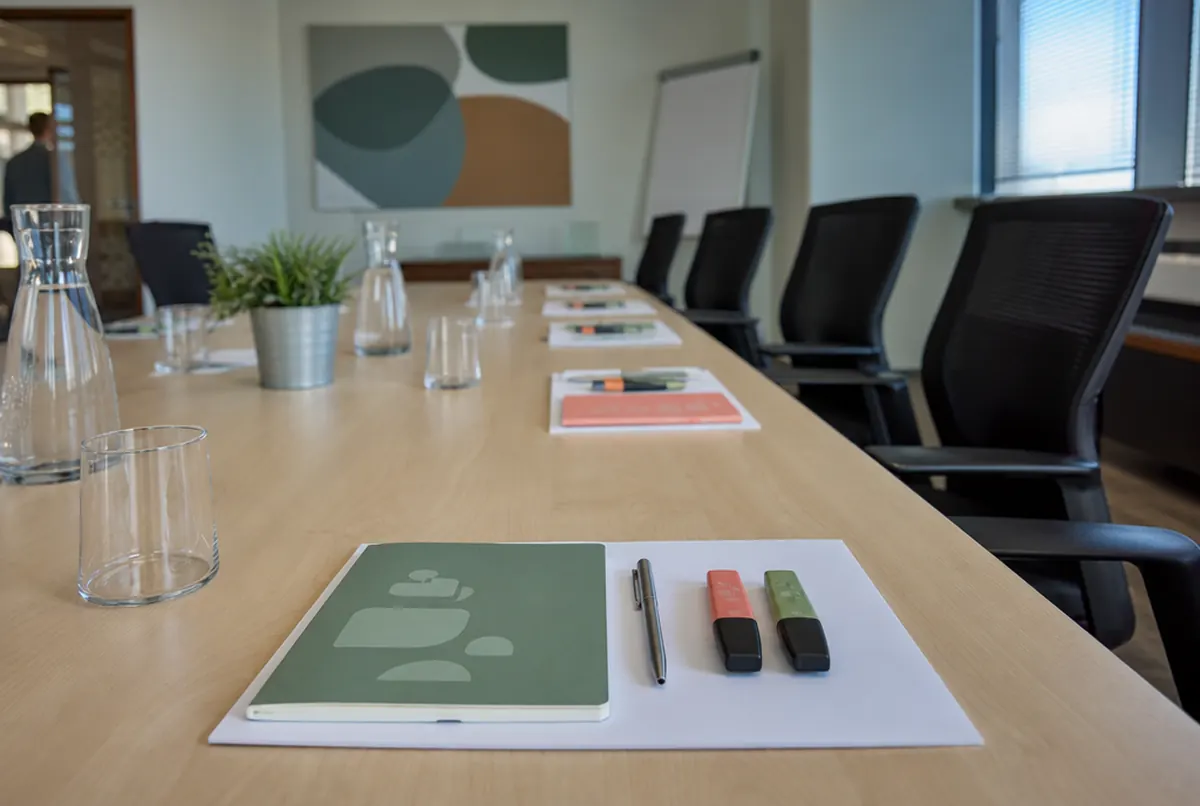 Branded notebooks and pens laid out on a conference room table