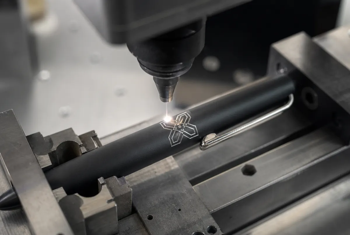 Close-up of a matte black metal pen being laser engraved with a mark