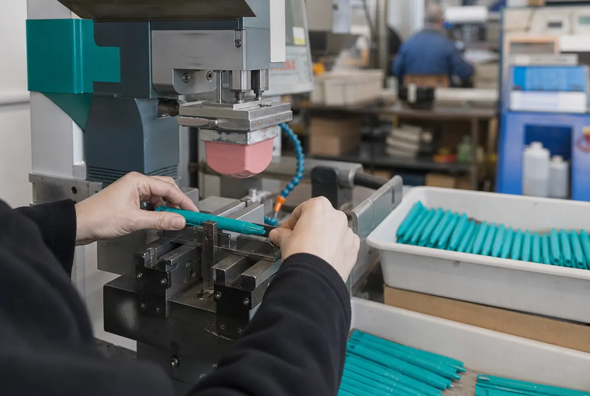 Pad printing a one-colour mark on plastic pens at a workshop station
