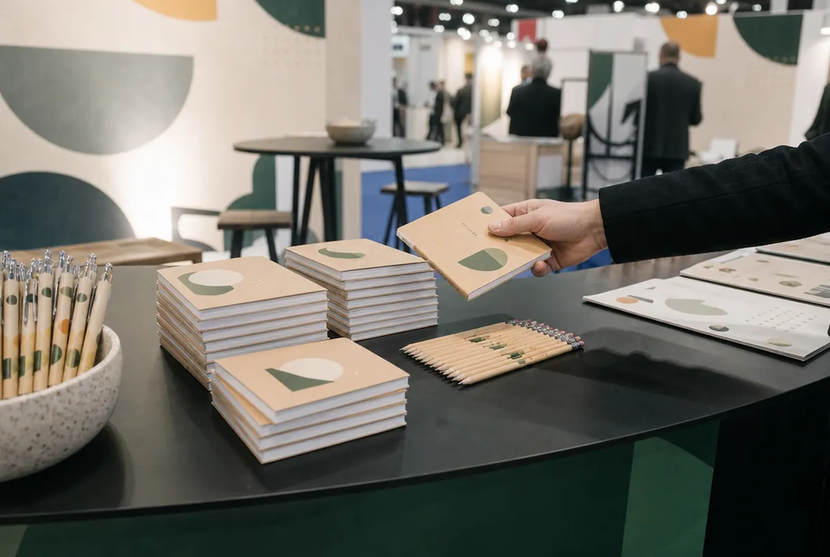 Branded pens, notebooks and pencils as giveaways at a trade fair stand