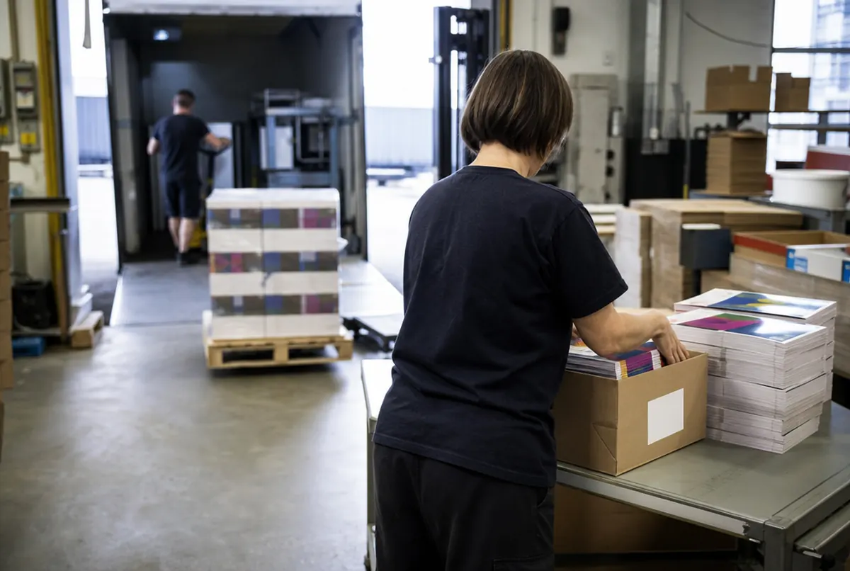 Verpacken der Prospektpakete in Kartons mit Etikett je Filiale