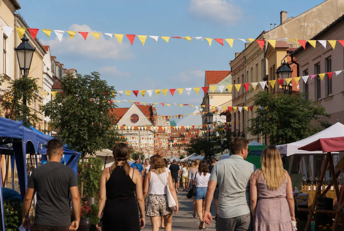 Wimpelketten mit dreieckigen Fähnchen über einer Straße beim Sommerfest