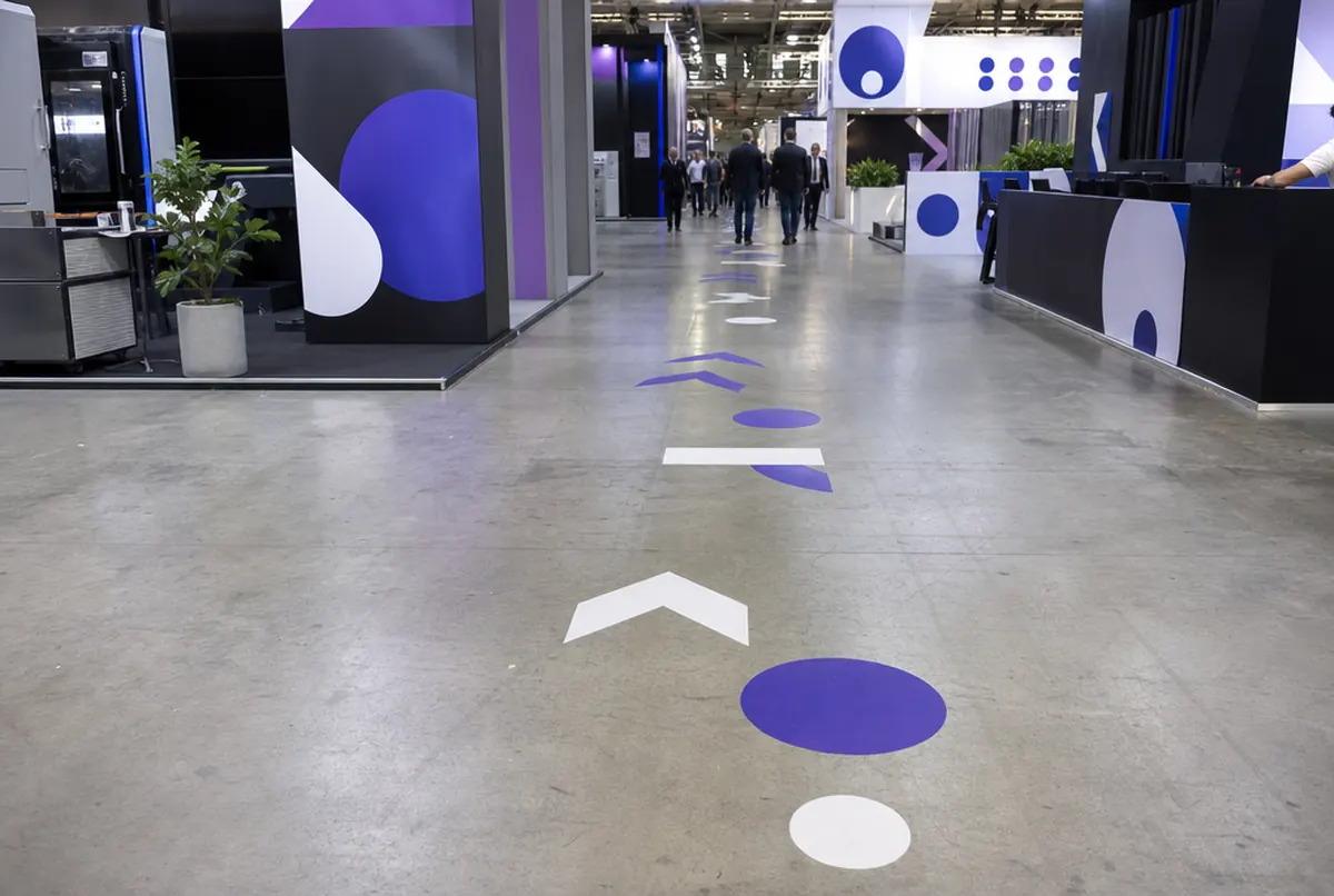 Recorrido de flechas y círculos violetas en el suelo hacia un stand
