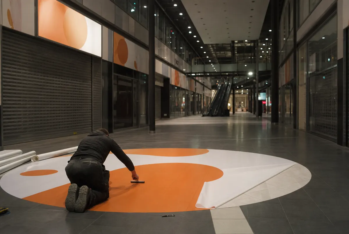 Un instalador aplica de noche una gran gráfica de suelo en un centro vacío