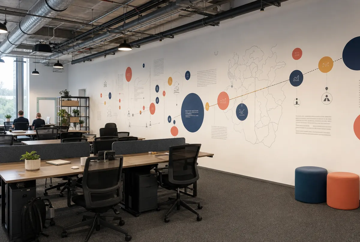 Large wall graphic with a map and timeline in coral and navy in an open-plan office