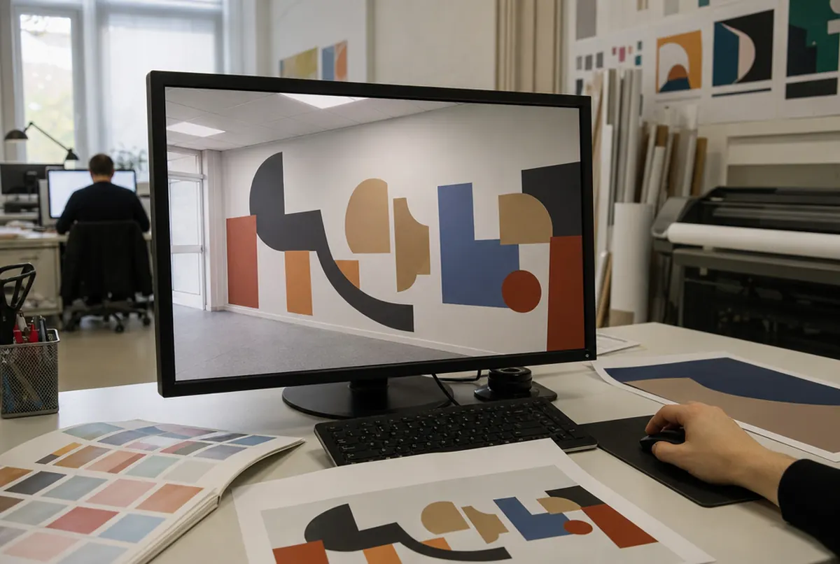 Wall graphic design mocked up on a photo of the wall on a designer's screen