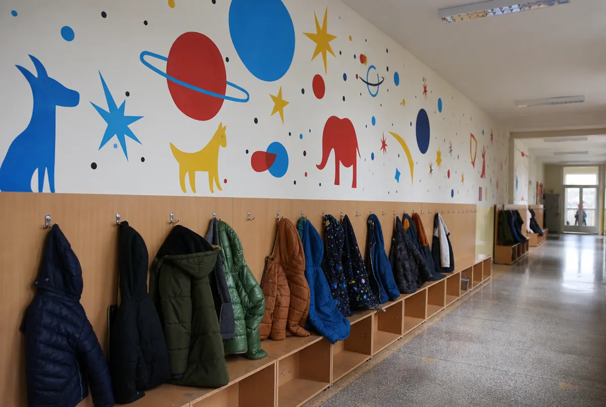 Colourful wall graphic with planets and animals in a primary school corridor