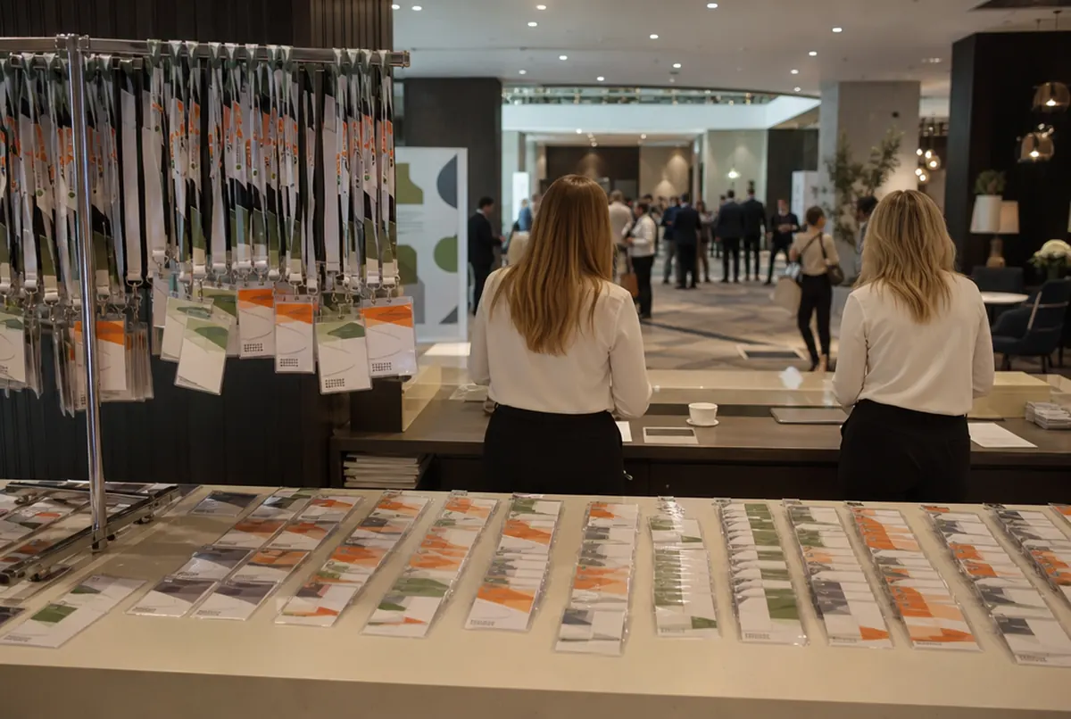 Badges sur tours de cou triés à l'accueil d'une conférence dans un hôtel