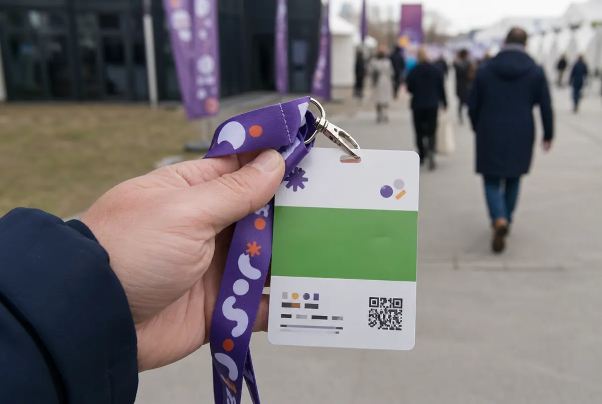 Gros plan d'une carte d'accréditation avec zone colorée et code sur tour de cou