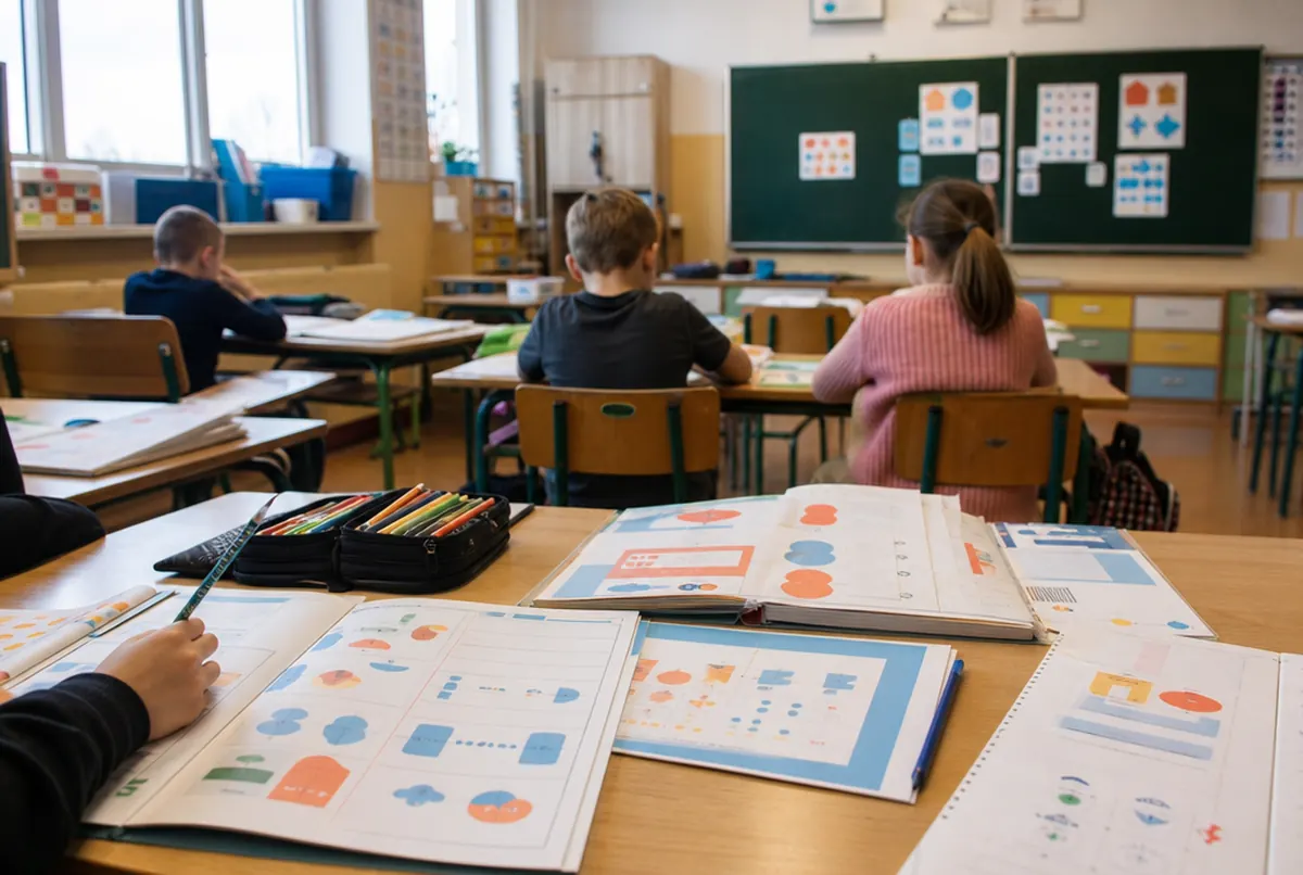 Fichas y cuadernos de ejercicios en los pupitres de un aula de primaria