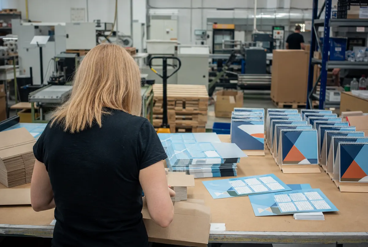 Pliage des supports rainés de calendriers de bureau à l'atelier