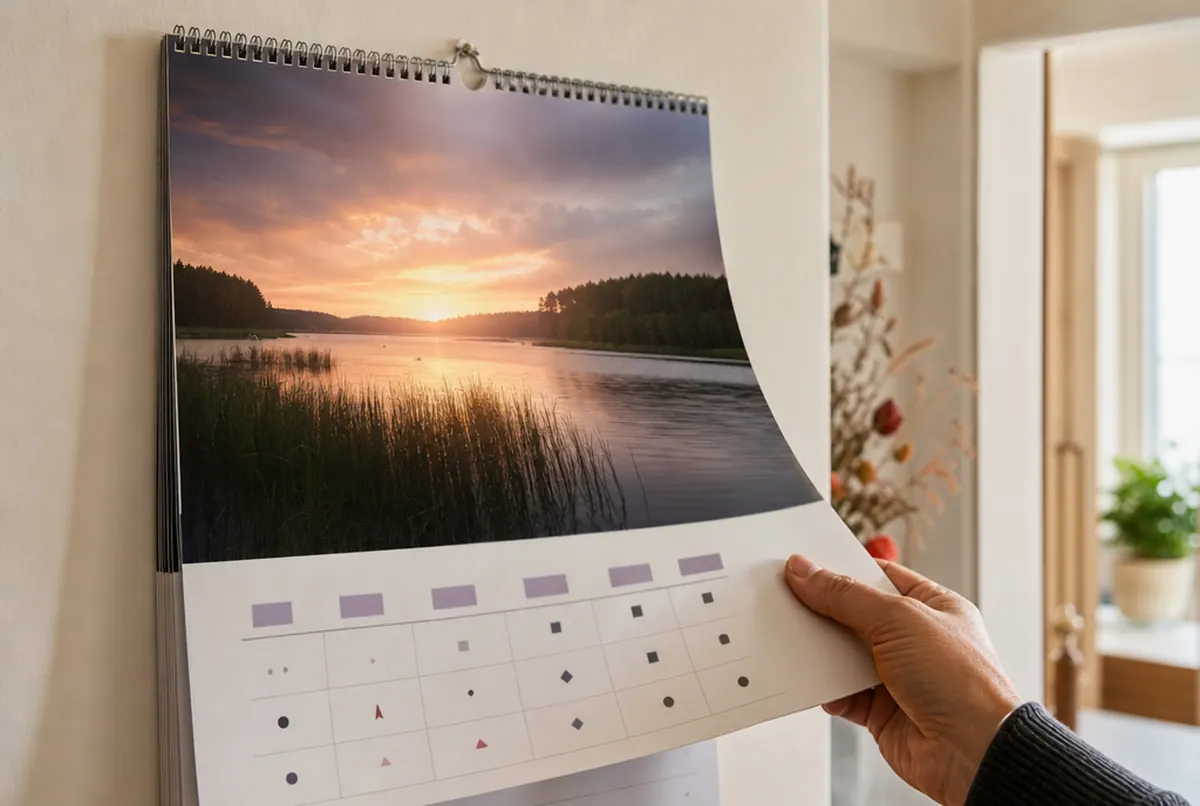 Close-up of an A3 wall calendar with spiral binding and a lake photo